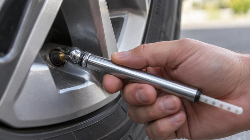 Checking tire pressure with a gauge — monthly manual checks still needed even with TPMS