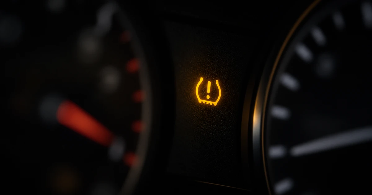 The TPMS warning light — a tire cross-section icon with an exclamation mark — glowing on a dashboard