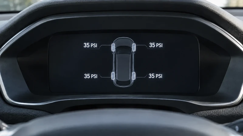 A car dashboard showing individual tire pressure readings for each wheel — direct TPMS