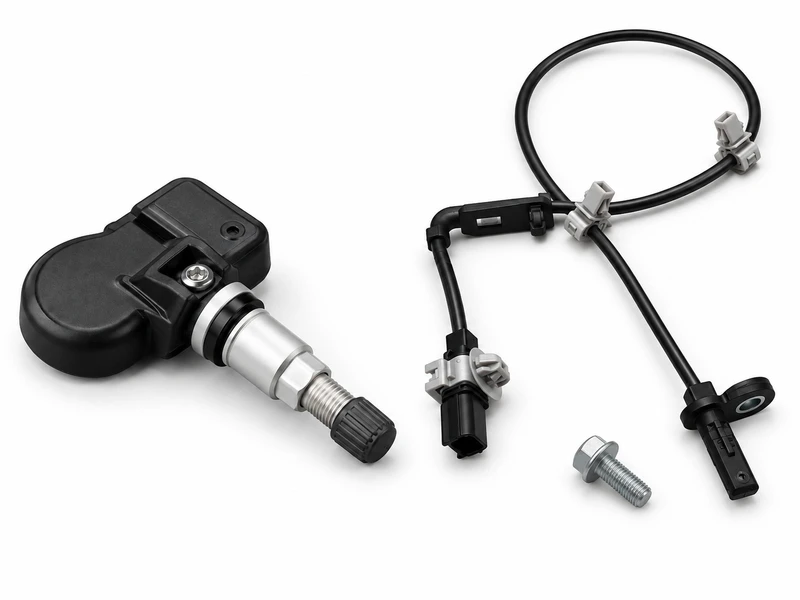 Direct TPMS sensor and ABS wheel-speed sensor side by side — the two TPMS types