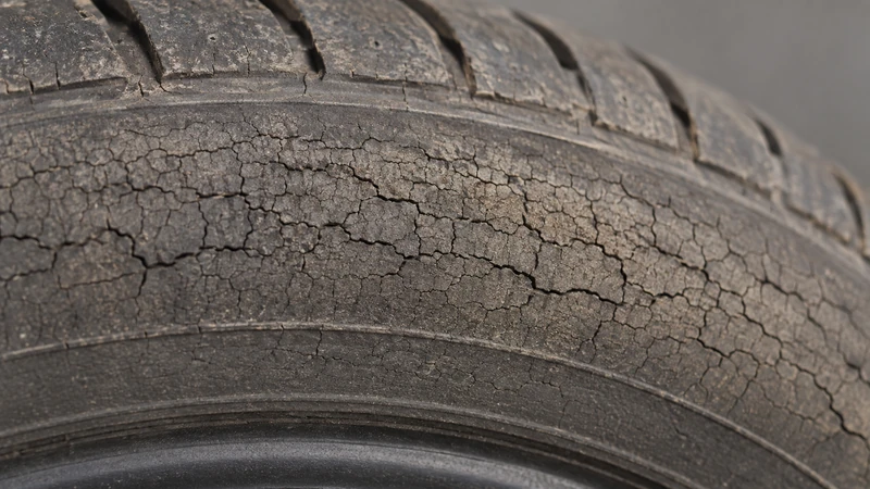 Close-up of an aging tire sidewall showing fine dry-rot cracks in the rubber
