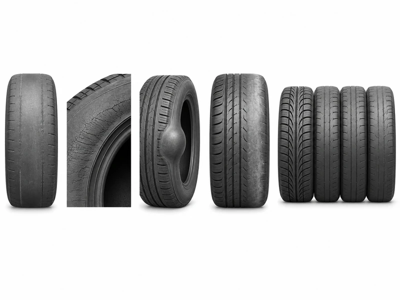 Diagram of five reasons to replace tires: worn tread, old rubber, sidewall damage, uneven wear, and AWD mismatch