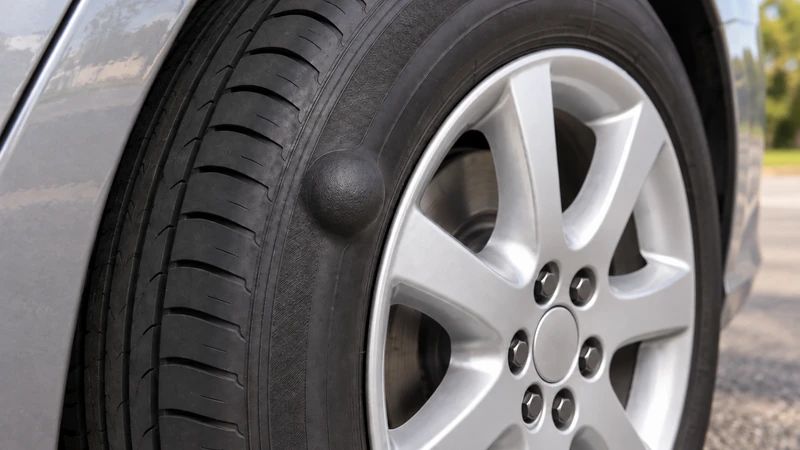 Close-up of a tire sidewall with a visible bulge bubble, a damage type that requires immediate tire replacement