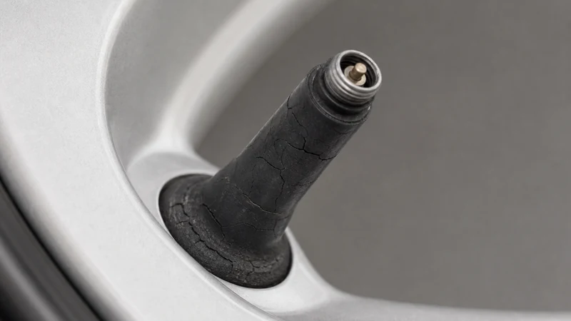 Close-up of a cracked rubber valve stem on a tire wheel showing age-related deterioration