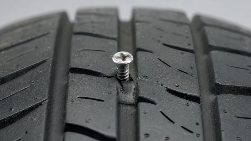 Close-up of a nail or screw embedded in a tire tread, causing a slow leak
