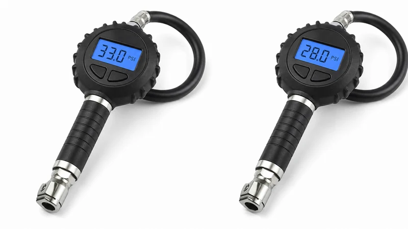 Comparison photo: a tire pressure gauge on a normal month (1-3 PSI loss) vs weekly loss (3-5 PSI) showing two readings