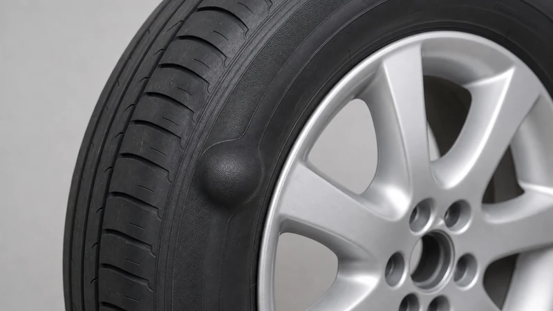Visible bulge on a tire sidewall from impact damage — the tire must be replaced, not repaired