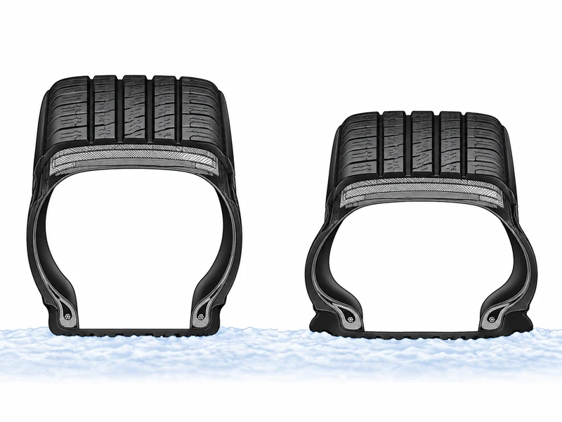 Comparison of a properly inflated tire versus an underinflated tire contact patch on a snowy winter road