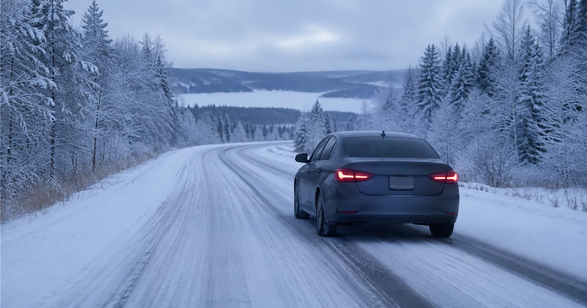 A car driving on a snow-covered winter road with properly inflated tires, cold morning light