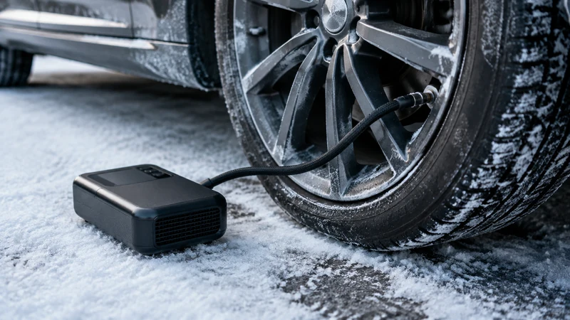 Inflating a car tire with a portable air pump outdoors on a cold winter morning, checking winter tire pressure