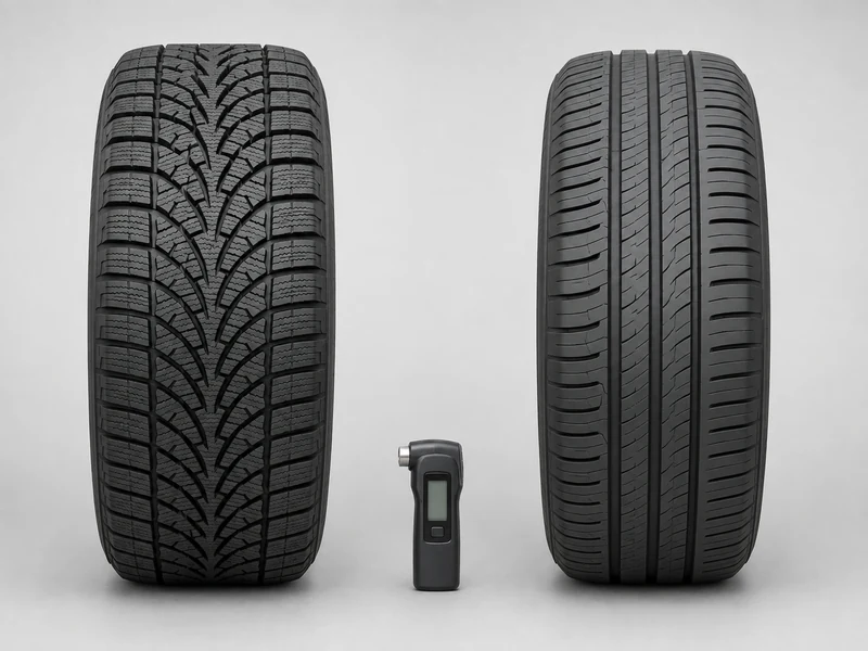 A winter tire and an all-season tire side by side with a tire pressure gauge — both use the same door jamb winter tire pressure